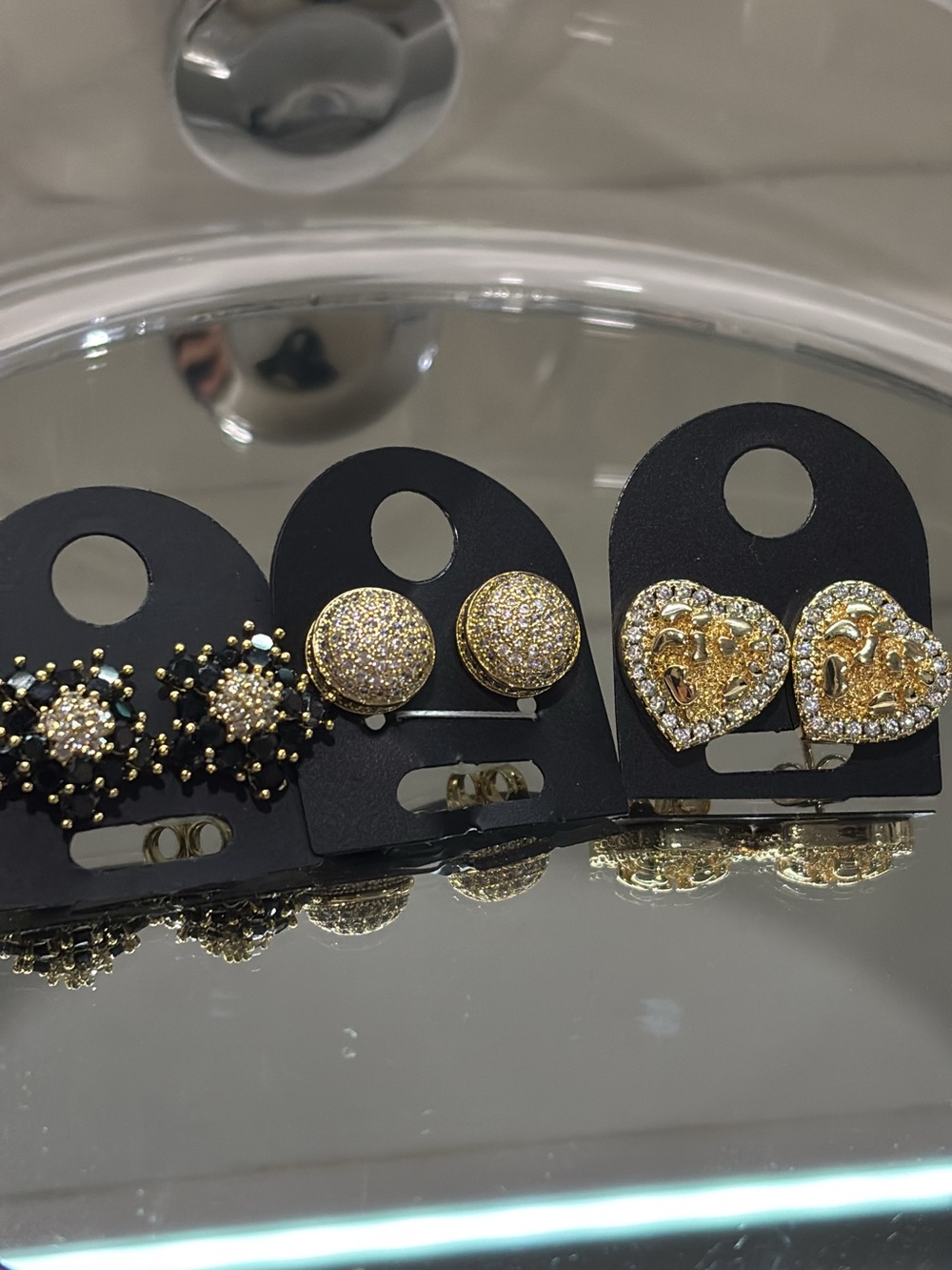 Gold Crystal Heart and Round Stud Earring Set - Women Jewelry